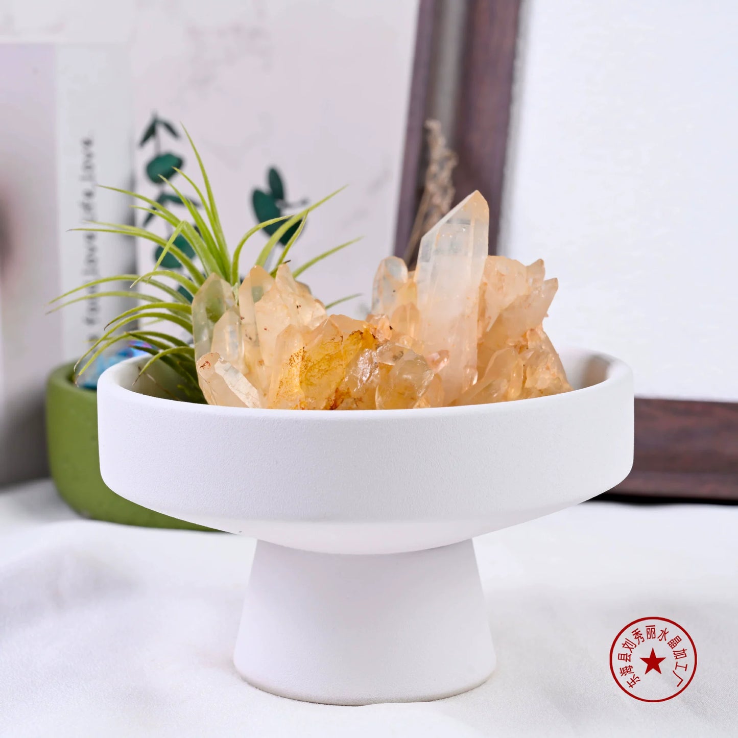 天然水晶原石扩香石消磁石禅意花艺盆栽套装客厅办公桌面装饰摆件