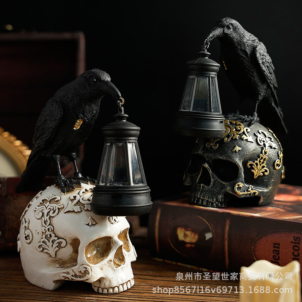 跨境新品万圣节乌鸦摆件复古桌面骷髅道具树脂摆件太阳能鬼节装饰