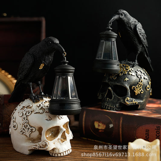 跨境新品万圣节乌鸦摆件复古桌面骷髅道具树脂摆件太阳能鬼节装饰