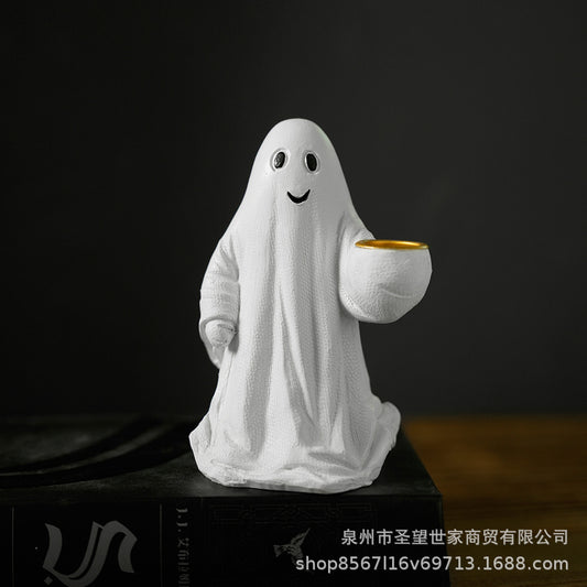 跨境万圣节烛台幽灵树脂摆件创意装饰品派对布置道具可爱装饰礼物