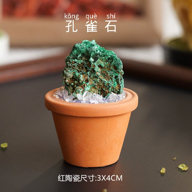 天然水晶原石陶盆摆件水晶diy仿真盆栽家居办公桌面车载摆件