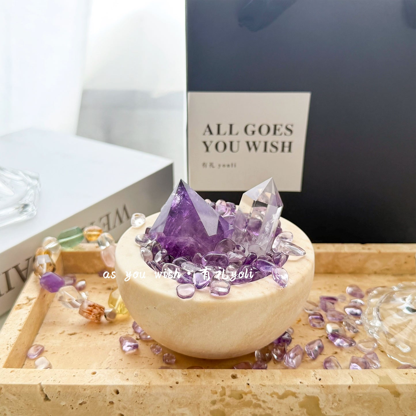 天然紫水晶摆件聚宝盆水晶能量消磁碗办公桌面家居礼物九紫离火