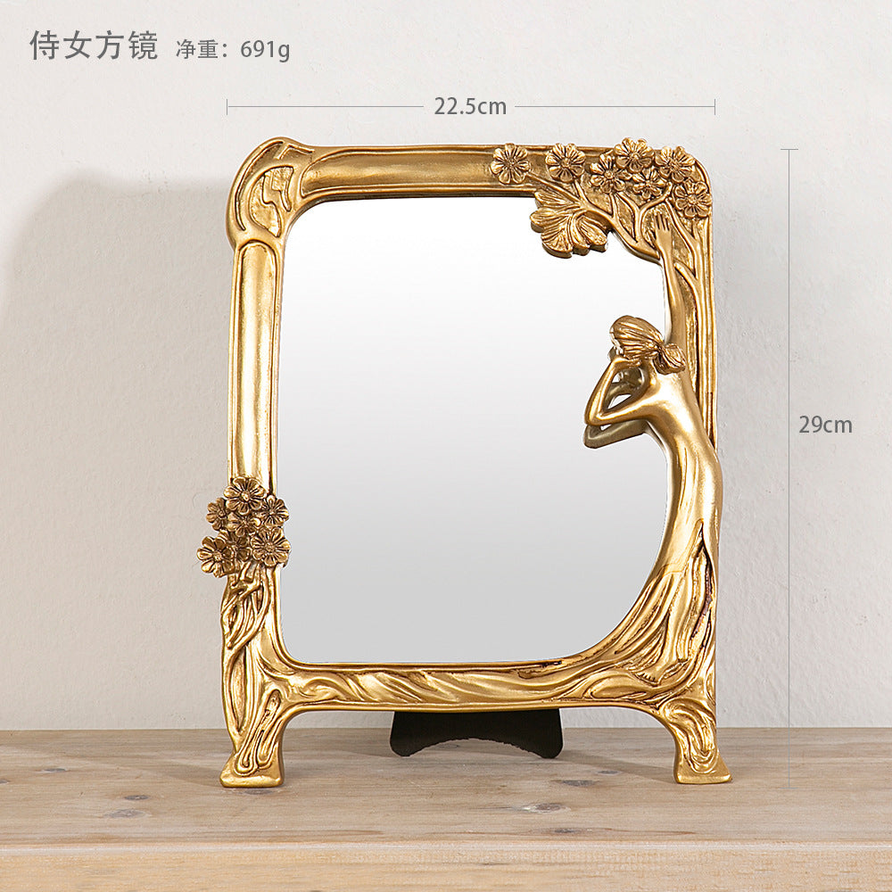 欧式轻奢树脂浮雕金色侍女镜化妆镜复古树脂拍照道具少女梳妆镜子