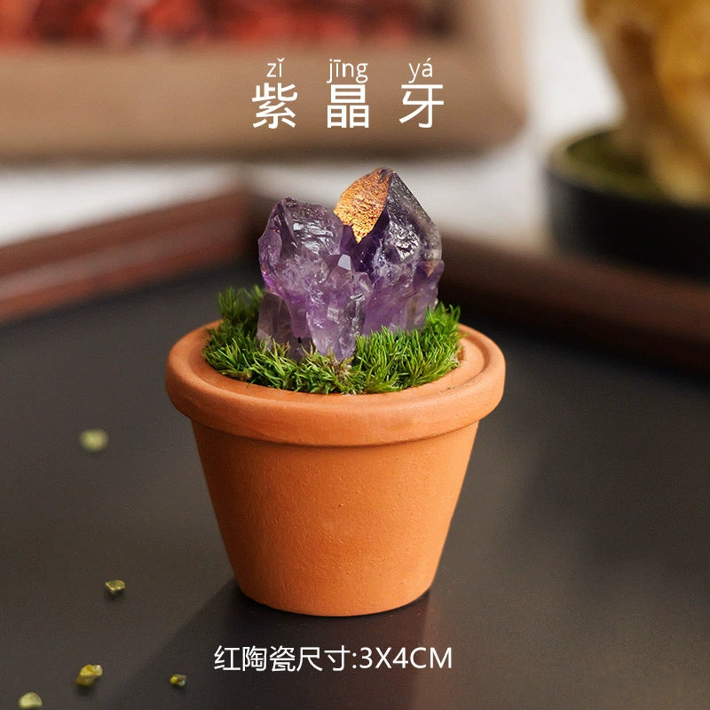 天然水晶原石陶盆摆件水晶diy仿真盆栽家居办公桌面车载摆件