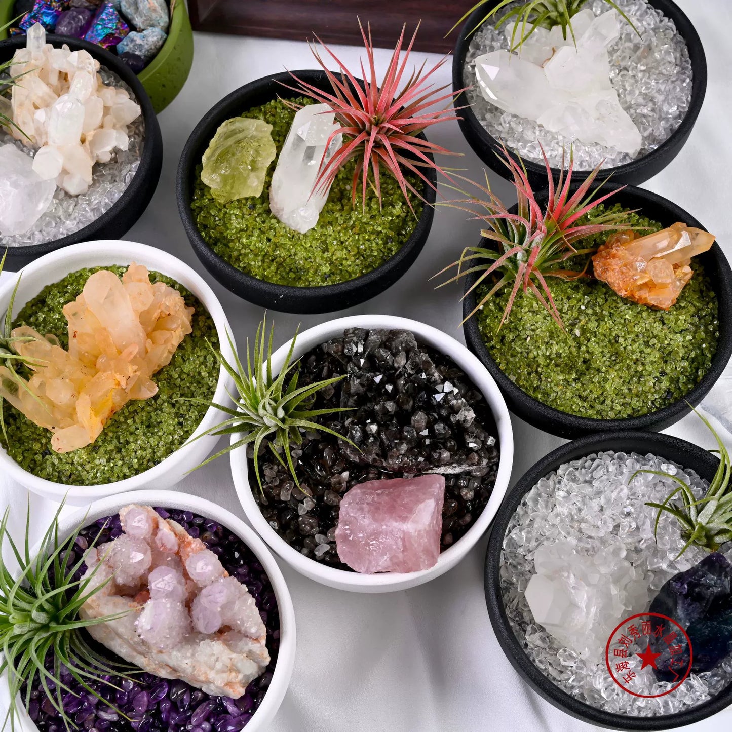 天然水晶原石扩香石消磁石禅意花艺盆栽套装客厅办公桌面装饰摆件