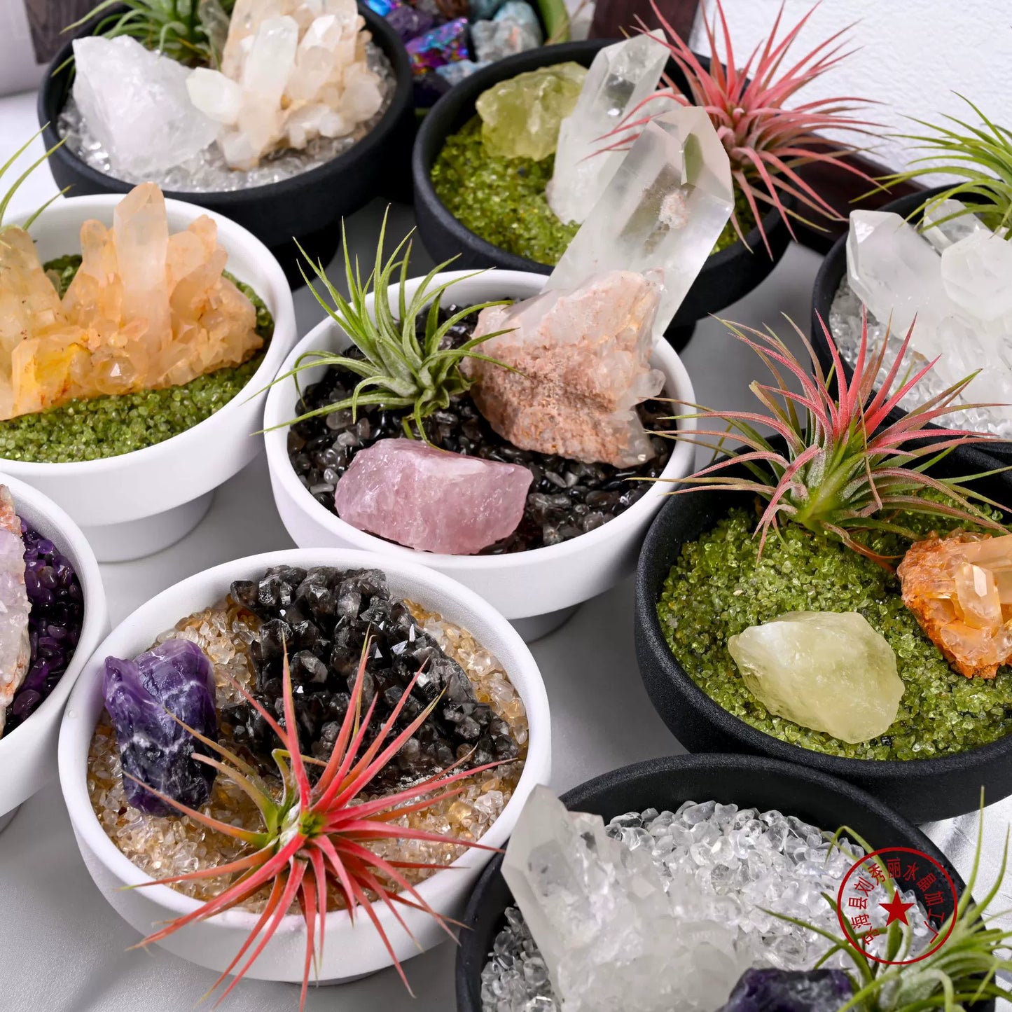 天然水晶原石扩香石消磁石禅意花艺盆栽套装客厅办公桌面装饰摆件