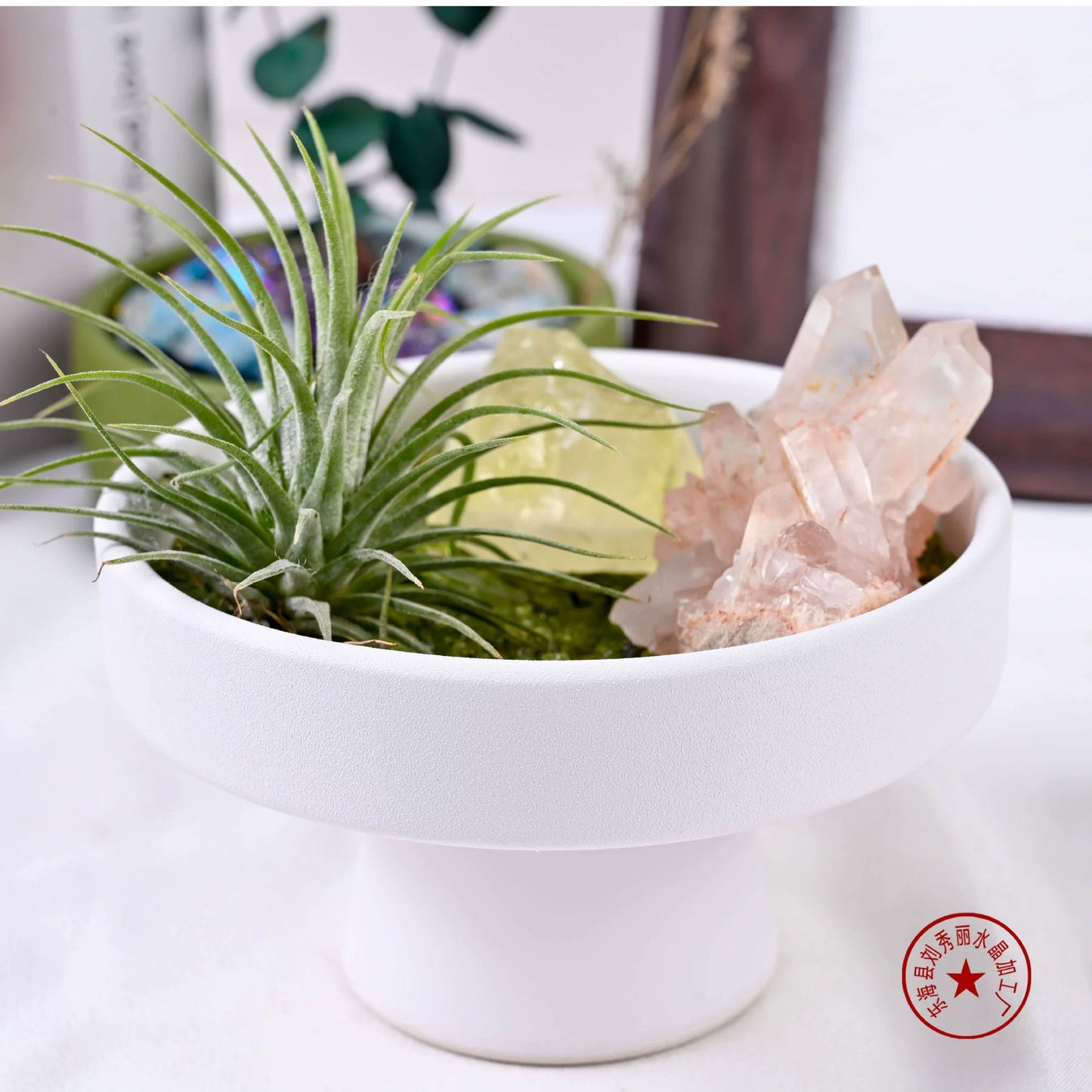 天然水晶原石扩香石消磁石禅意花艺盆栽套装客厅办公桌面装饰摆件