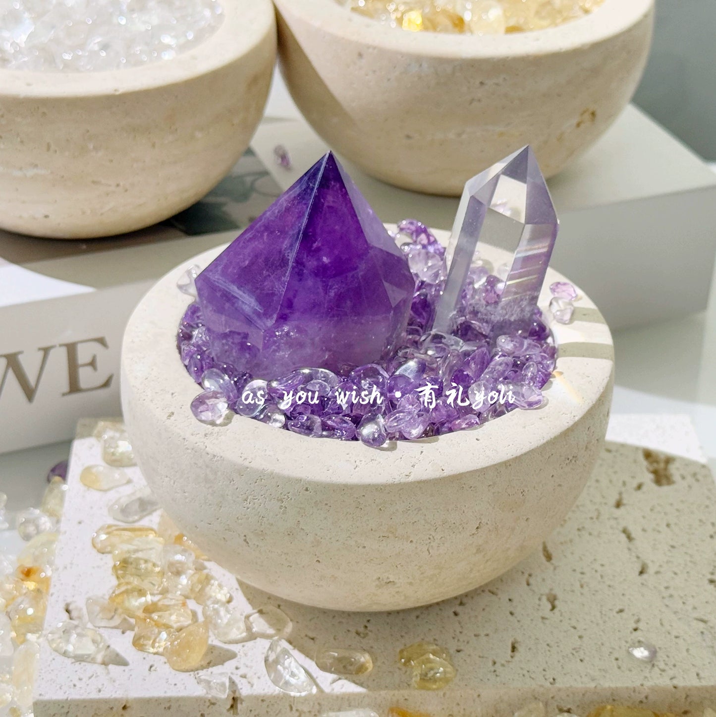 天然黄水晶招财聚宝盆摆件高级白水晶消磁洞石碗乔迁桌面摆件礼物