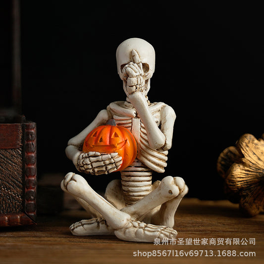 跨境创意万圣节骷髅头抱南瓜树脂桌面玄关密室派对节日氛围道具品