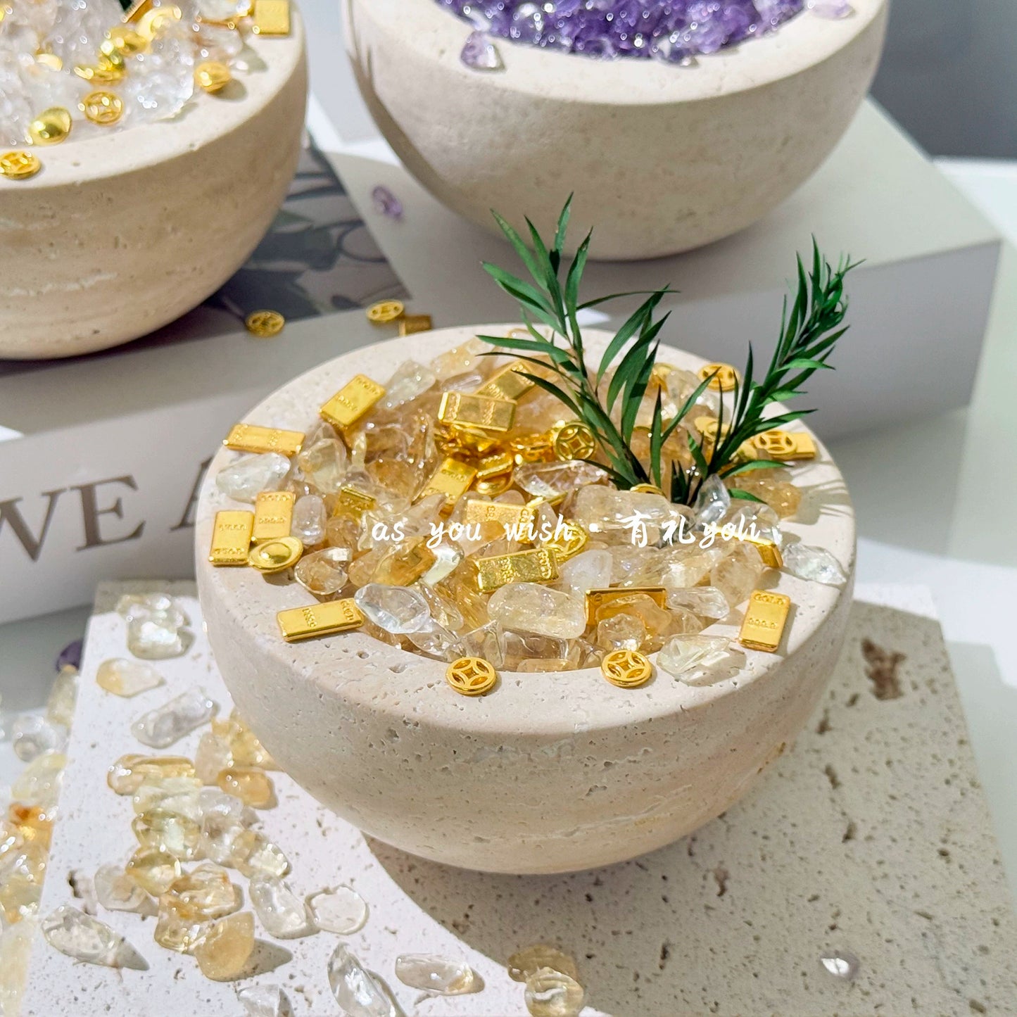 天然黄水晶招财聚宝盆摆件高级白水晶消磁洞石碗乔迁桌面摆件礼物