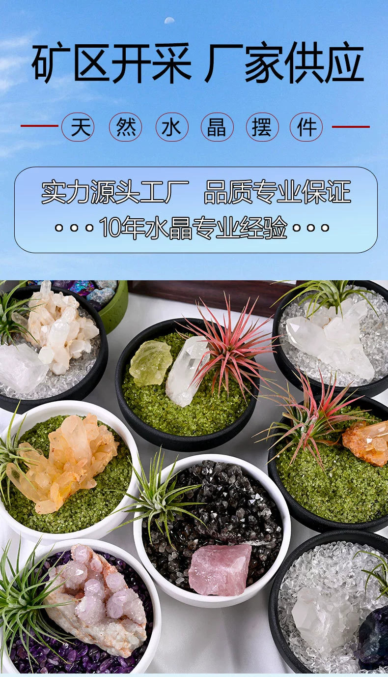 天然水晶原石扩香石消磁石禅意花艺盆栽套装客厅办公桌面装饰摆件