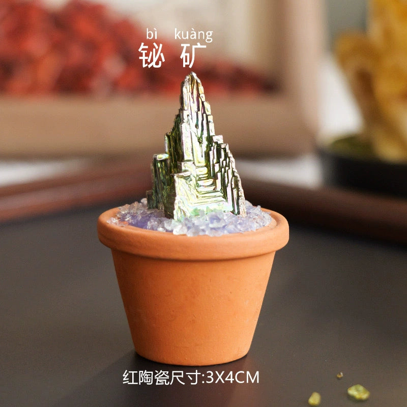 天然水晶原石陶盆摆件水晶diy仿真盆栽家居办公桌面车载摆件