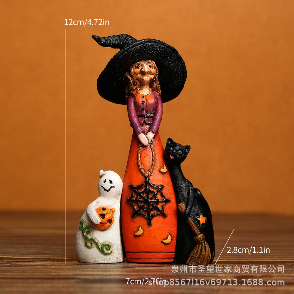 跨境新品创意工艺品万圣节三剑客女巫幽灵猫装饰树脂雕像装饰摆件