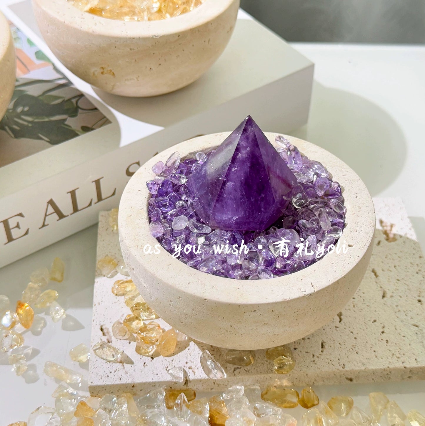 天然黄水晶招财聚宝盆摆件高级白水晶消磁洞石碗乔迁桌面摆件礼物