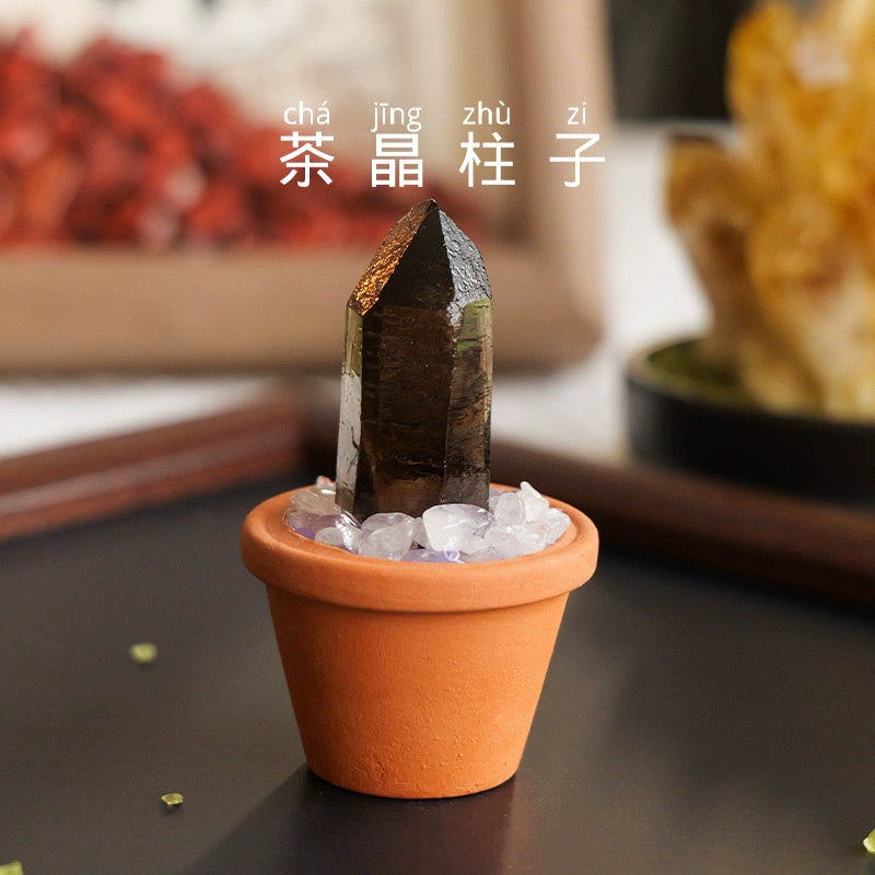 天然水晶原石陶盆摆件水晶diy仿真盆栽家居办公桌面车载摆件