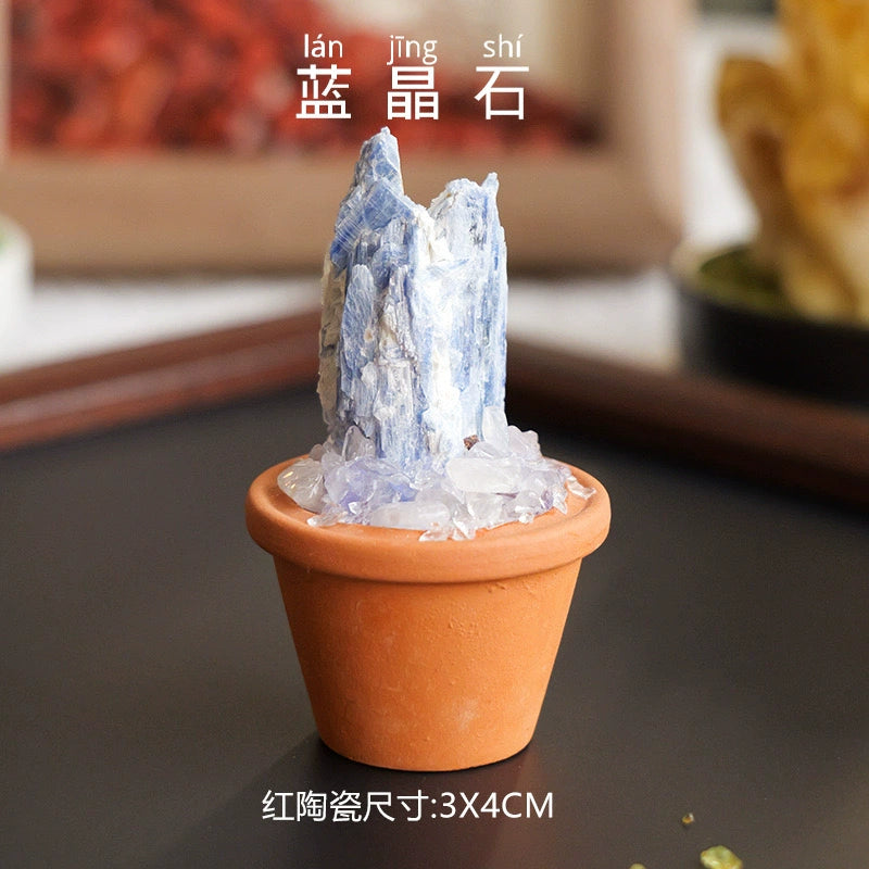 天然水晶原石陶盆摆件水晶diy仿真盆栽家居办公桌面车载摆件