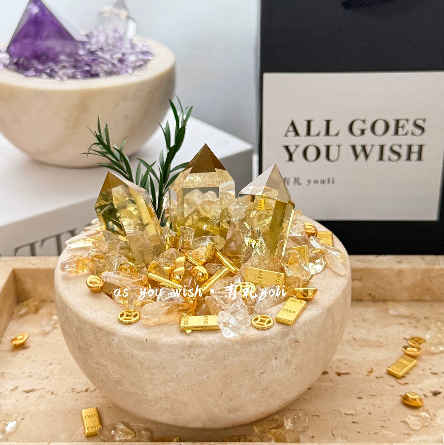 天然黄水晶招财聚宝盆摆件高级白水晶消磁洞石碗乔迁桌面摆件礼物