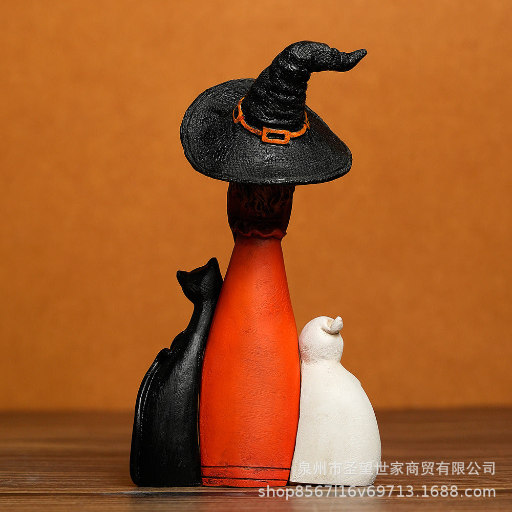 跨境新品创意工艺品万圣节三剑客女巫幽灵猫装饰树脂雕像装饰摆件