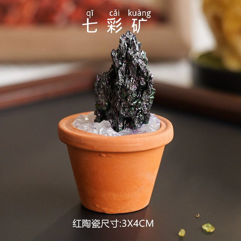 天然水晶原石陶盆摆件水晶diy仿真盆栽家居办公桌面车载摆件