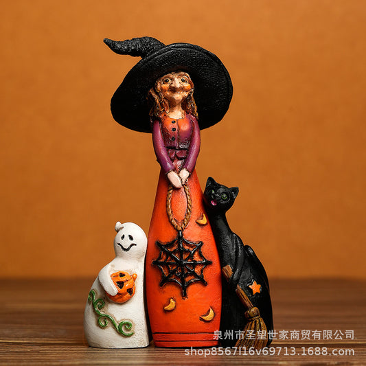 跨境新品创意工艺品万圣节三剑客女巫幽灵猫装饰树脂雕像装饰摆件