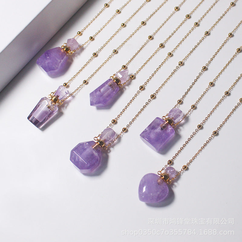 鸿锋堂天然紫水晶香水精油朱砂瓶18K金项链女新款水晶吊坠空心瓶