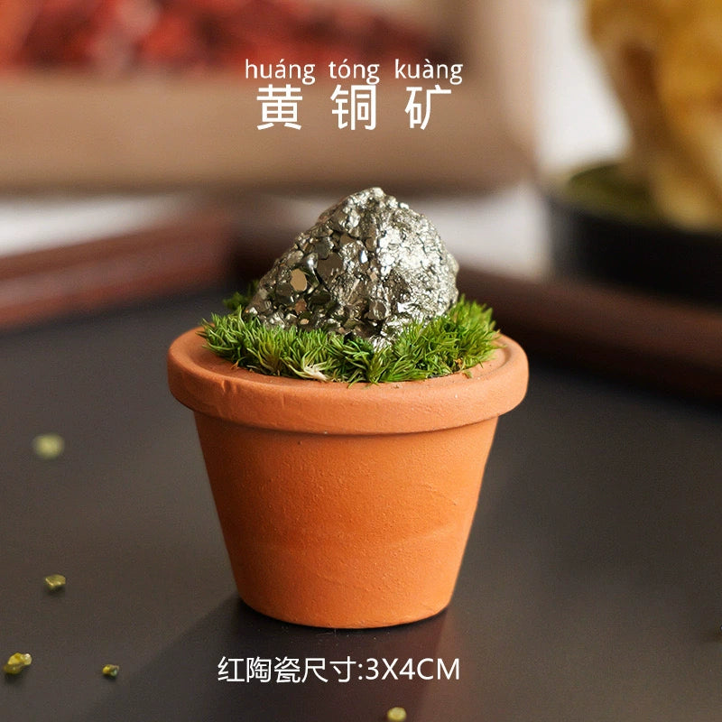 天然水晶原石陶盆摆件水晶diy仿真盆栽家居办公桌面车载摆件